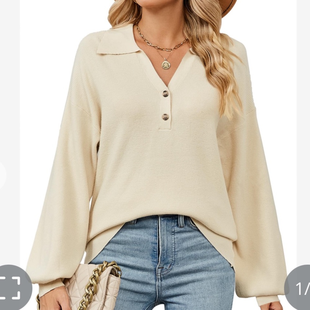 Cream Boho Collar Button Lantern Sleeve Loose Knitted Pullover size XL